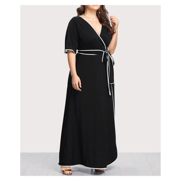 Black V Neck Short Sleeve Self Tie Wrap Maxi Dress - Picture 4 of 4